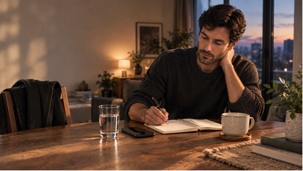 Man writing in a notebook at a table at dusk, reflecting after smoking a cigarette while trying to quit