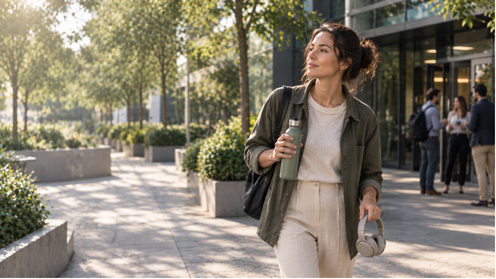 Woman walking outside an office building with a water bottle and headphones instead of taking a cigarette break