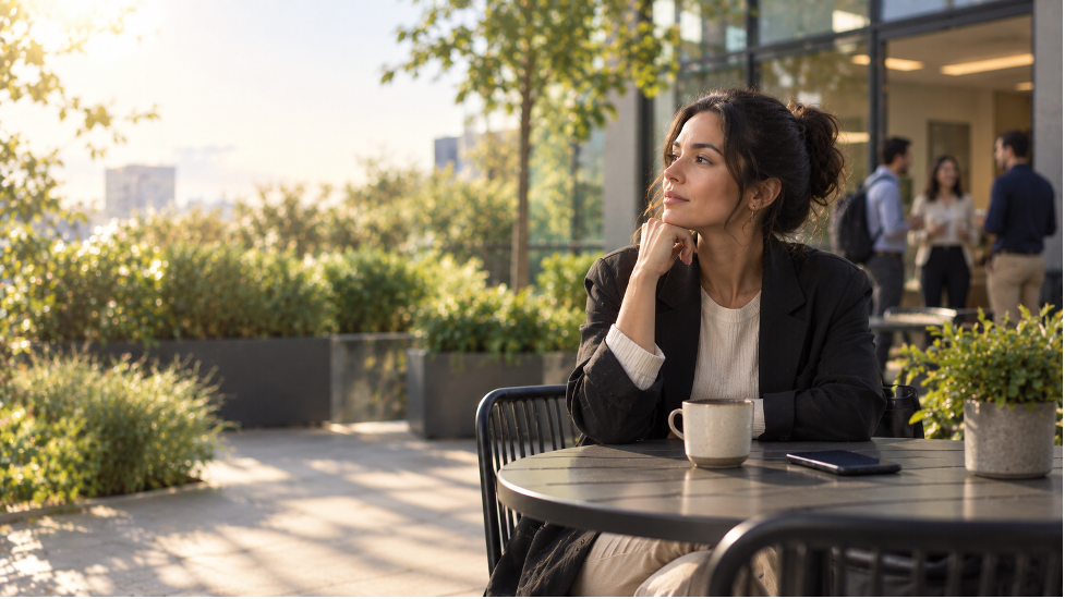 Woman sitting outside an office with a coffee during a break, thinking about a cigarette craving