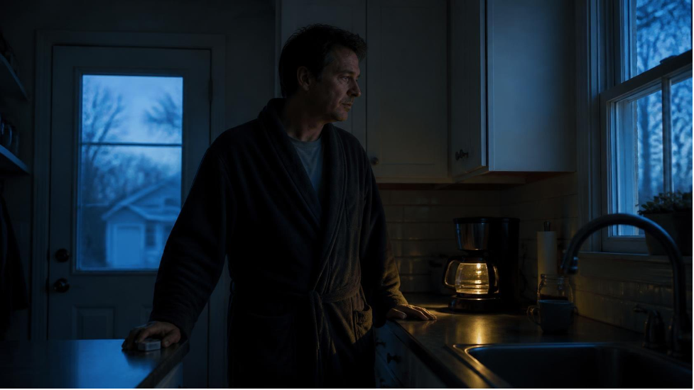Man in a bathrobe standing in a dim kitchen at dawn, looking out the window past a coffee maker