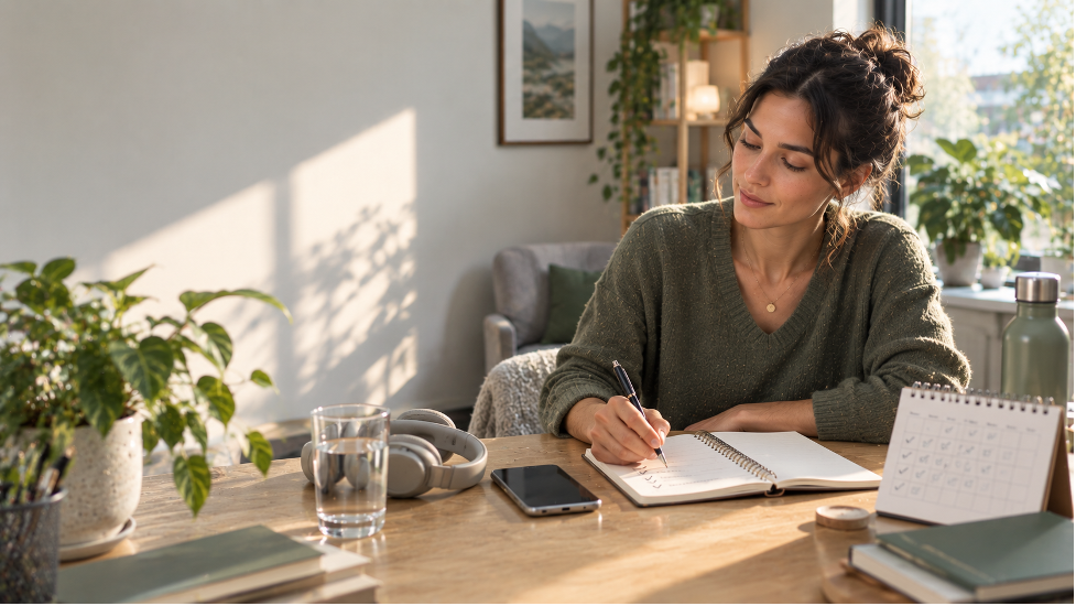 Woman writing in a notebook at a desk, with headphones, a water bottle, and a calendar nearby