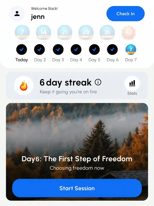 Reset quit smoking app showing a 6-day streak and a guided hypnosis session