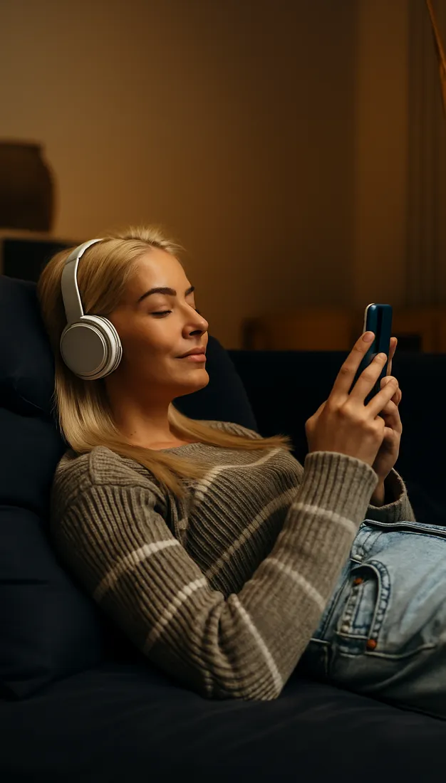 Woman relaxing with headphones listening to a Reset hypnotherapy session on her phone